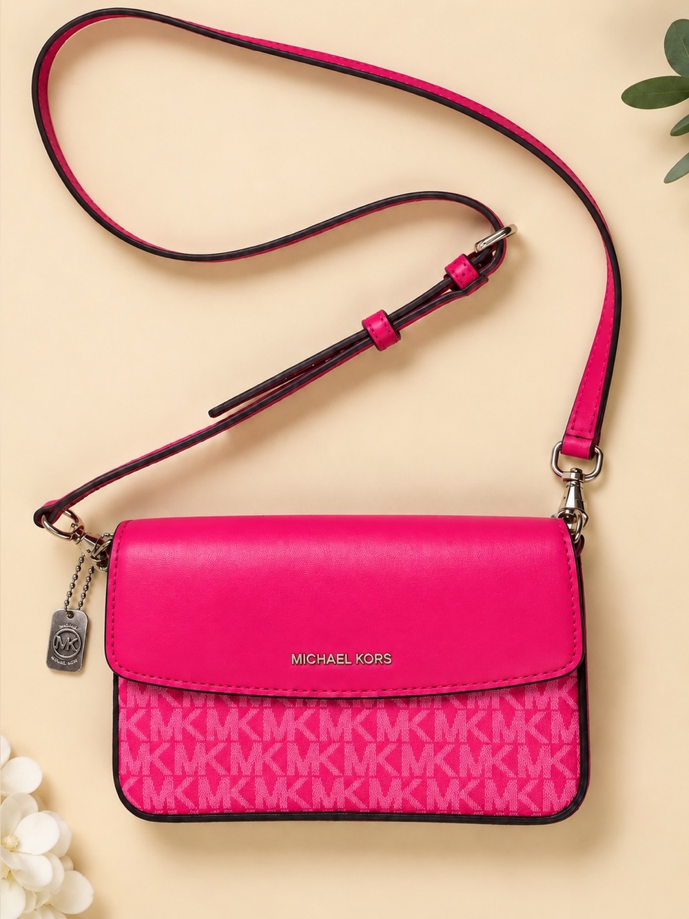 NWOT Michael Kors Pink MK Signature Flap Crossbody + MK Charm